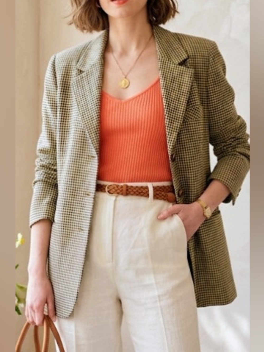 Vintage Delmod 100% Merino Wool Checked Blazer in Cream, Navy & Yellow (Size 10)